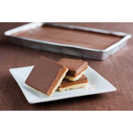 Slices of Chocolate, Caramel, & Biscuit Traybake on a Plate