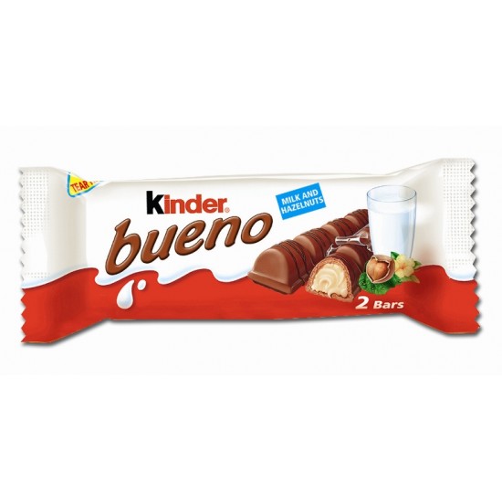 Kinder Bueno Bars. Hazelnut Cream Filled Wafer With a Chocolate Topping. 