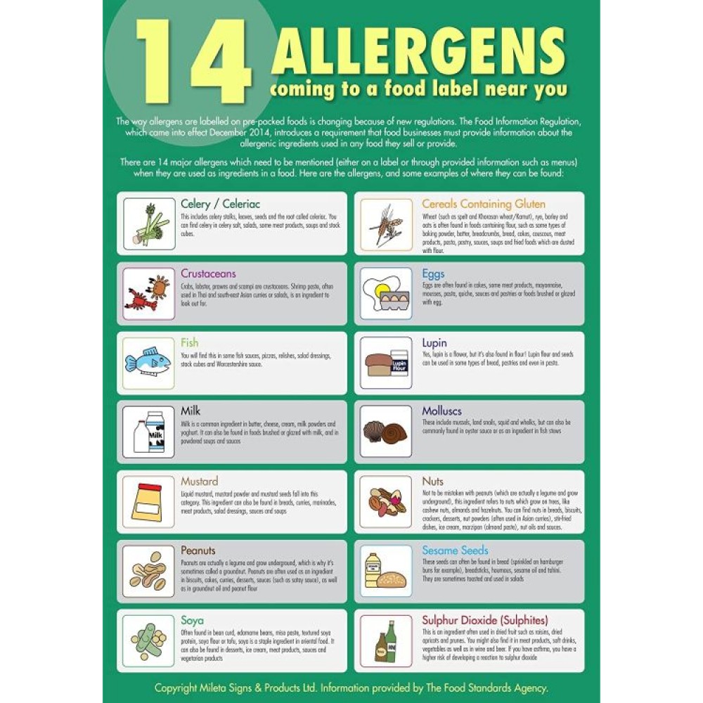 Food Prepartion Signs : The 14 Allergens Poster Sign A3