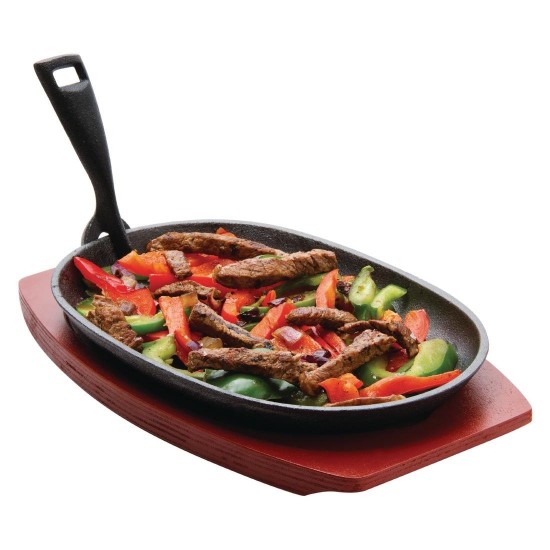 Olympia Cast Iron Oval Sizzler - 280x190mm 11x7 1/2 With Wooden Stand''