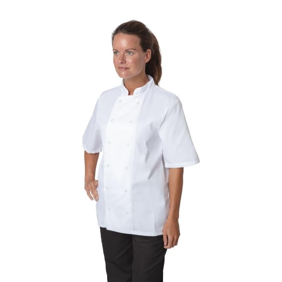 Lady wearing Short Sleeved White Jacket