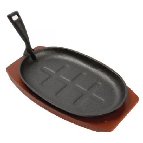 Olympia Cast Iron Oval Sizzler - 280x190mm 11x7 1/2 With Wooden Stand''