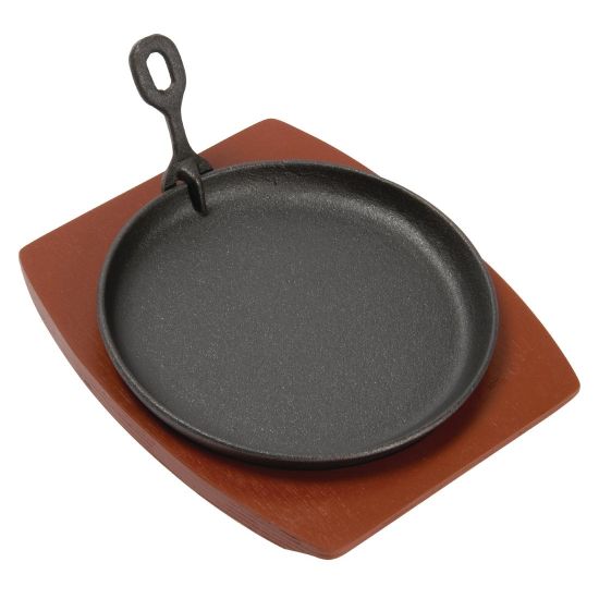 Olympia Cast Iron Round Sizzler - 220mm 8.5 With Wooden Stand''